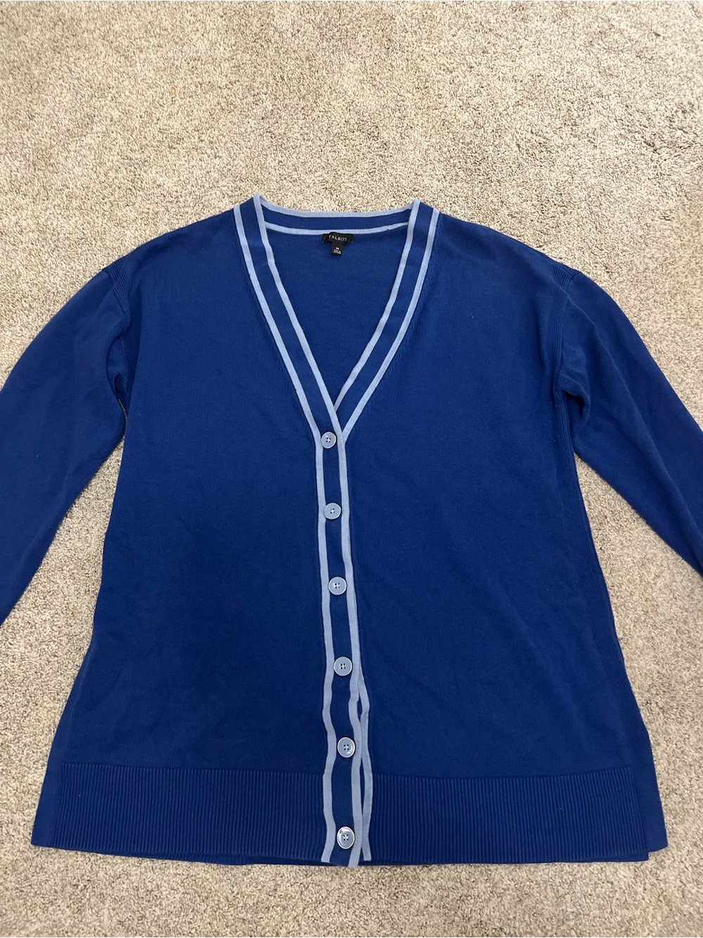 Talbots Royal Blue V-Neck Button Cardigan Light Blue Trim Academic Teacher M